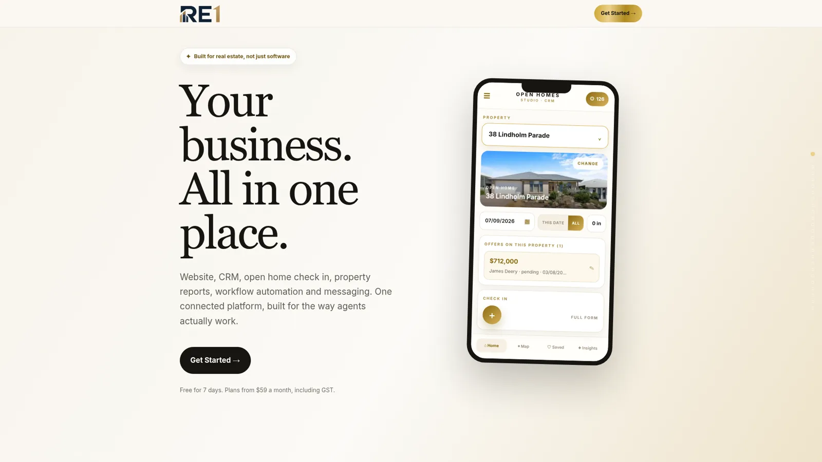 RE1 real estate platform showing its mobile open-home and CRM dashboard
